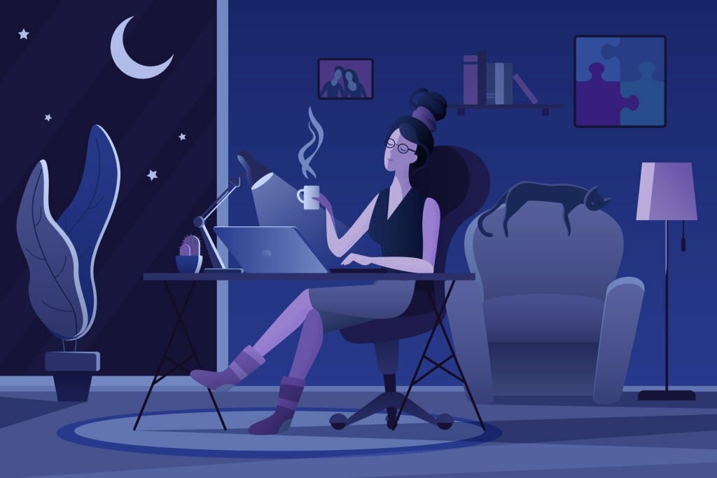 Freelancer flat vector illustration. Freelance, remote job, home office. Relaxed designer, copywriter working at night cartoon character. Workaholic, hard worker. Owl workflow. Working late, overtime